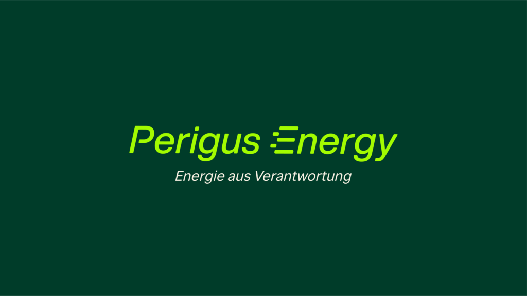Logo von Perigus Energy in Lime Grün vor dunkelgrünem Hintergrund