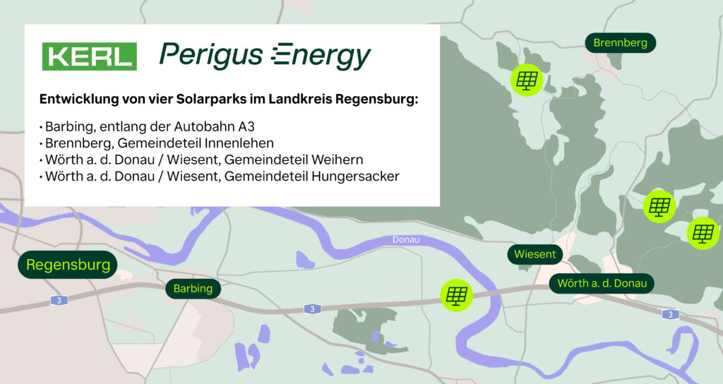 Lageplan der vier neuen Perigus Energy-Solarparks im östlichen Landkreis Regensburg.
